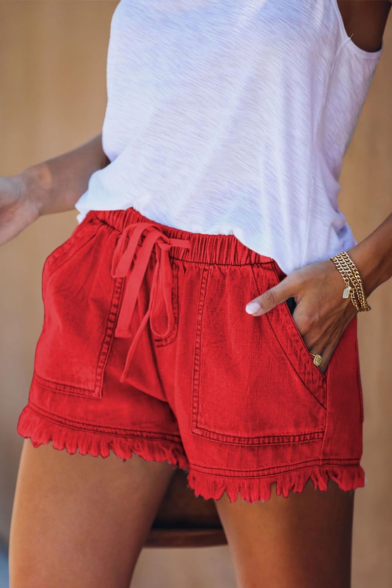YOCUR Cute Jeans for Womens Trendy Tassel Short Jeans Casual Vintage Hot Pants Loose Aesthetic Elastic Waist Kawaii Denim Shorts Red M - Image 3