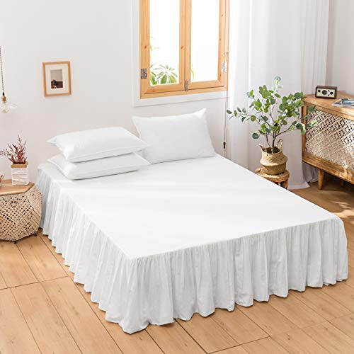 BISELINA French Linen Bed Skirt with Pleated Frills 14-Inch Tailored Drop Natural Flax Cotton Blend Dust Ruffle Soft Cozy Farmhouse Bedding (14" Queen, White) - Image 1