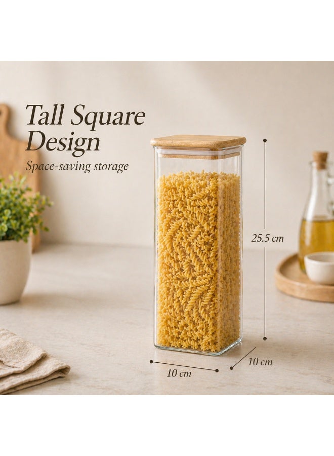 Honey Bee 1.75L Airtight Glass Storage Jar with Bamboo Lid – Tall Square Multipurpose Container for Kitchen Pantry, Food Storage, Dry Goods Organizer, Clear Durable Glass Canister - Image 2