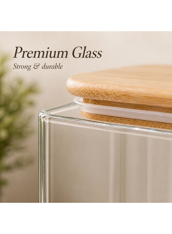 Honey Bee 1.75L Airtight Glass Storage Jar with Bamboo Lid – Tall Square Multipurpose Container for Kitchen Pantry, Food Storage, Dry Goods Organizer, Clear Durable Glass Canister - Image 3