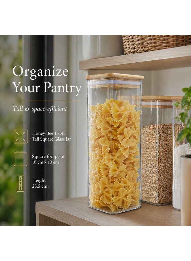 Honey Bee 1.75L Airtight Glass Storage Jar with Bamboo Lid – Tall Square Multipurpose Container for Kitchen Pantry, Food Storage, Dry Goods Organizer, Clear Durable Glass Canister - Image 4