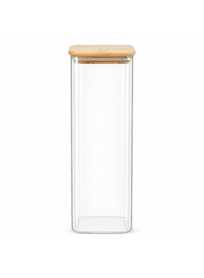 Honey Bee 1.75L Airtight Glass Storage Jar with Bamboo Lid – Tall Square Multipurpose Container for Kitchen Pantry, Food Storage, Dry Goods Organizer, Clear Durable Glass Canister - Image 1