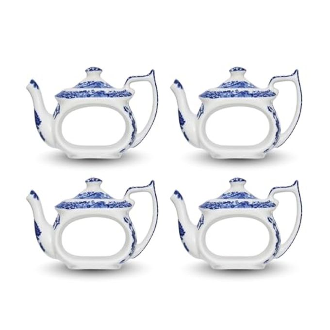 Spode Blue Italian Napkin Rings - Set of 4, Teapot Shaped Blue & White Table Accents for Dining Room Decor - Decorative Napkin Holders for Tableware & Seasonal Place Settings