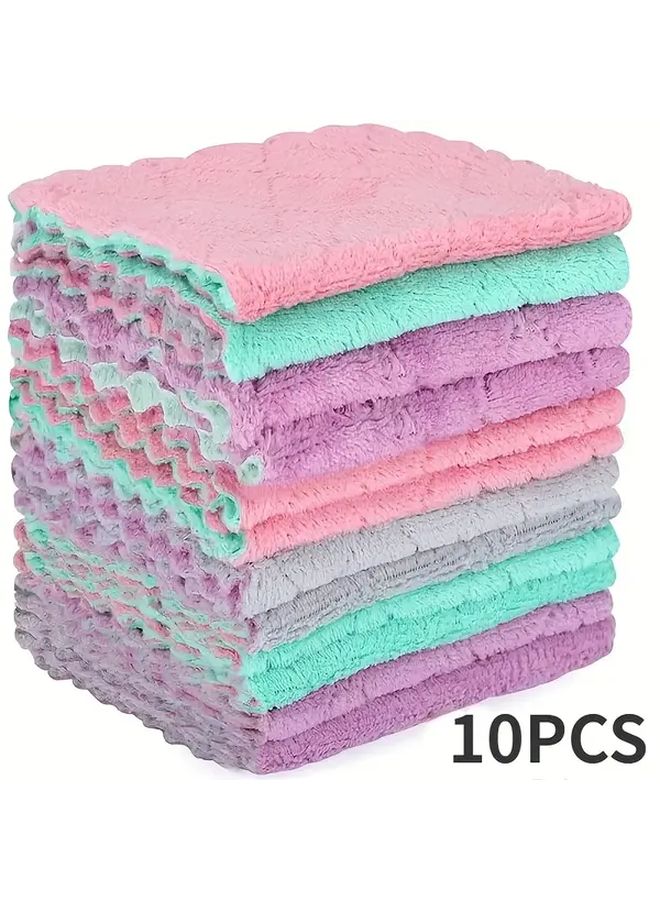10 Ultra Fine Microfiber Napkins 10pcs Random Color Thickened Coral Fleece Absorbent Reusable For Kitchen Car Window Cleaning - Image 4