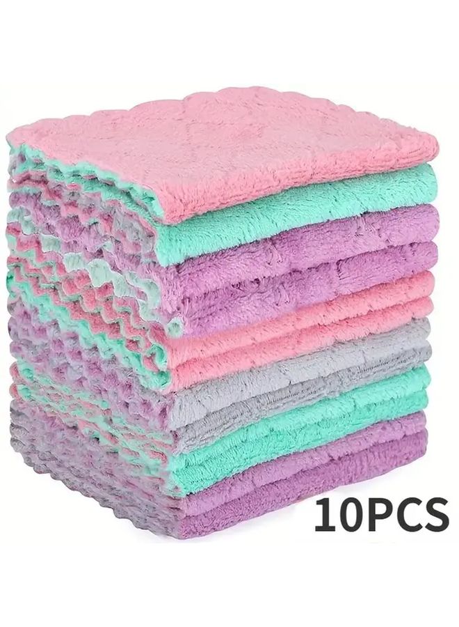 10 Ultra Fine Microfiber Napkins 10pcs Random Color Thickened Coral Fleece Absorbent Reusable For Kitchen Car Window Cleaning - Image 1