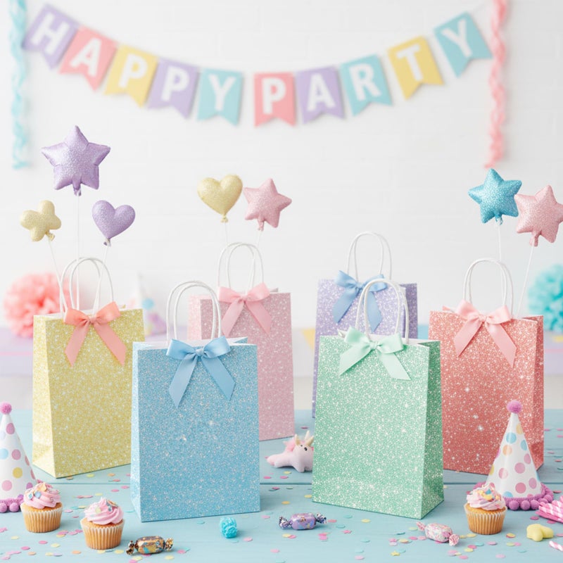 SilTriangle 24 Pcs Glitter Pastel Party Favor Bags with Handles Pastel Christmas Gift Bags Bulk Colored Paper Goodie Packaging Birthday Holiday Party Supplies, 5.91 x 3.15 x 8.27 Inches, 6 Color - Image 4