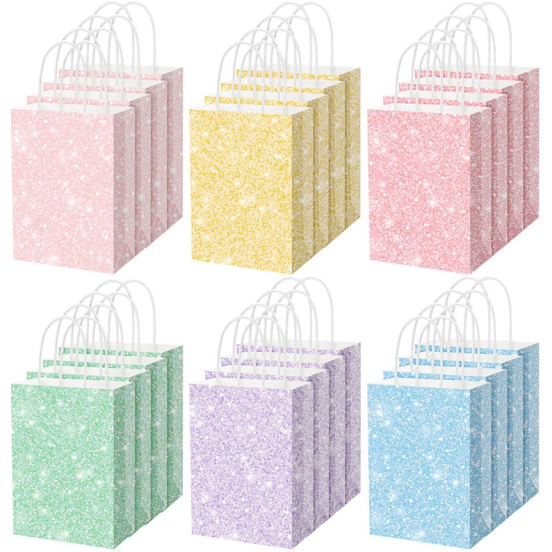 SilTriangle 24 Pcs Glitter Pastel Party Favor Bags with Handles Pastel Christmas Gift Bags Bulk Colored Paper Goodie Packaging Birthday Holiday Party Supplies, 5.91 x 3.15 x 8.27 Inches, 6 Color - Image 1