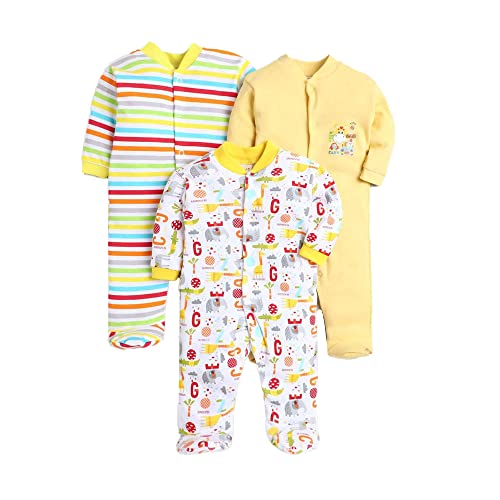EIO� 100% Cotton Rompers/Sleep Suits/Jumpsuit/Night Suits for Baby Boys & Girls, Infants, New Born Pack of 3 (9-12 Months, Yellow) - Image 1
