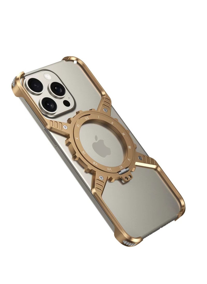 general Case for iPhone 16 Pro Max, Aluminum Alloy Mechanical Gear Case with 360° Rotating Stand, Compatible with MagSafe(golden) - Image 1