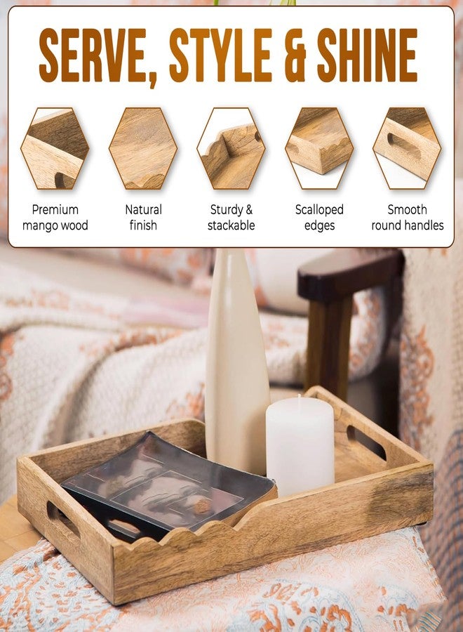 Mela Artisans Wooden Serving Tray with Handles | 15x10x1.75 inch | Mango Wood Decorative Tray| Ottoman Tray | Snacks | Desserts | Breads | Coffee Table | Bedroom | Scalloped Design - Image 4
