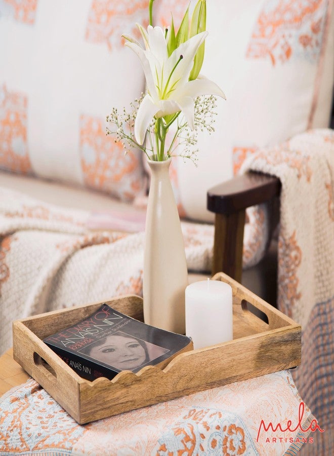 Mela Artisans Wooden Serving Tray with Handles | 15x10x1.75 inch | Mango Wood Decorative Tray| Ottoman Tray | Snacks | Desserts | Breads | Coffee Table | Bedroom | Scalloped Design - Image 5
