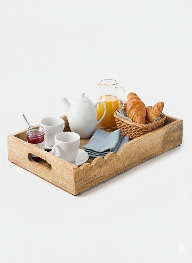 Mela Artisans Wooden Serving Tray with Handles | 15x10x1.75 inch | Mango Wood Decorative Tray| Ottoman Tray | Snacks | Desserts | Breads | Coffee Table | Bedroom | Scalloped Design - Image 1