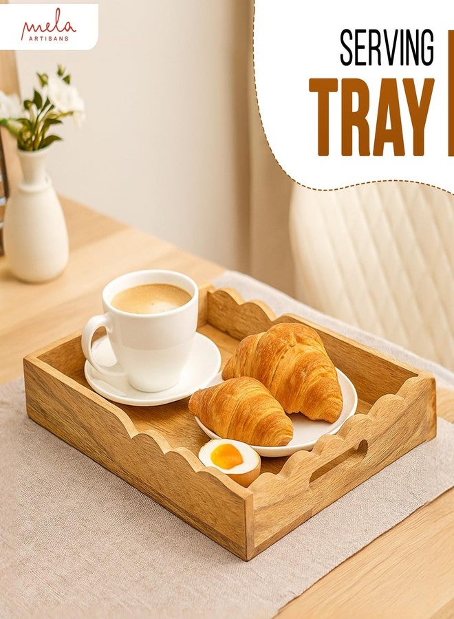Mela Artisans Wooden Serving Tray with Handles | 15x10x1.75 inch | Mango Wood Decorative Tray| Ottoman Tray | Snacks | Desserts | Breads | Coffee Table | Bedroom | Scalloped Design - Image 2