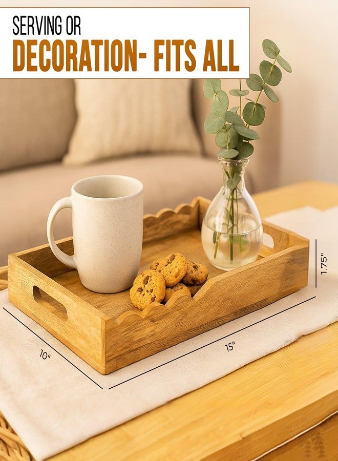Mela Artisans Wooden Serving Tray with Handles | 15x10x1.75 inch | Mango Wood Decorative Tray| Ottoman Tray | Snacks | Desserts | Breads | Coffee Table | Bedroom | Scalloped Design - Image 3