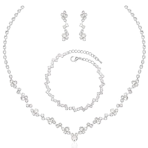 Aixiao Elegant Silver Necklace Earrings Bracelet Bridal Wedding Jewelry Sets for Brides Bridesmaid Prom Formal Costume Accessories for Women - Image 1