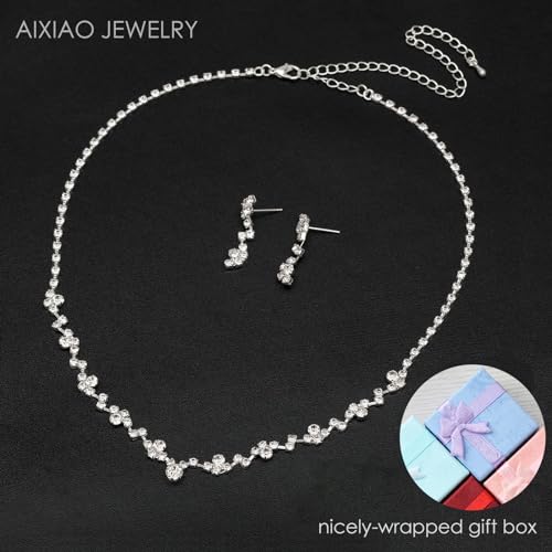 Aixiao Elegant Silver Necklace Earrings Bracelet Bridal Wedding Jewelry Sets for Brides Bridesmaid Prom Formal Costume Accessories for Women - Image 5