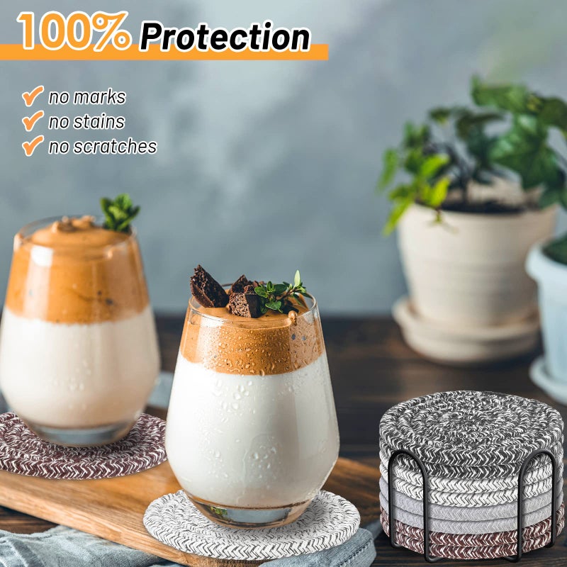 McKanti 8 PCS Coasters للشراب مع حامل 4 ألوان الوقايات الممتصة للمشروبات البسيطة القطن المنسوجة المنسوجة مجموعة لحماية ديكور المنزل مناسبة لأنواع من الكؤوس 4.3 بوصات. - Image 3