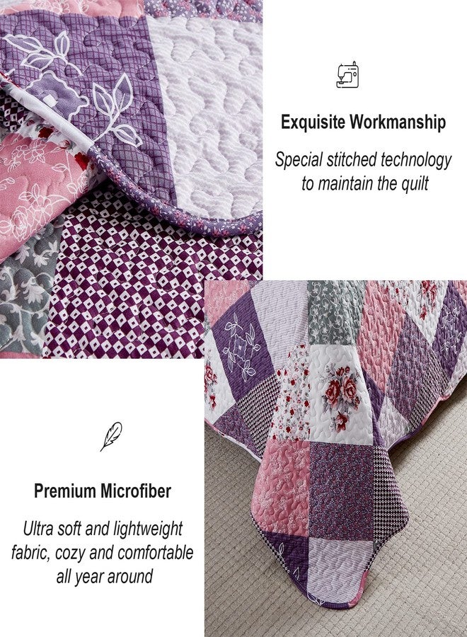 Dinjoy Purple Quilt Set Queen Size, Reversible Floral Plaid Patchwork Pattern Bedding Set Soft Microfiber Lightweight Bedspread Coverlet 3 Piece Spring Summer Use (90x90 inches) - Image 4