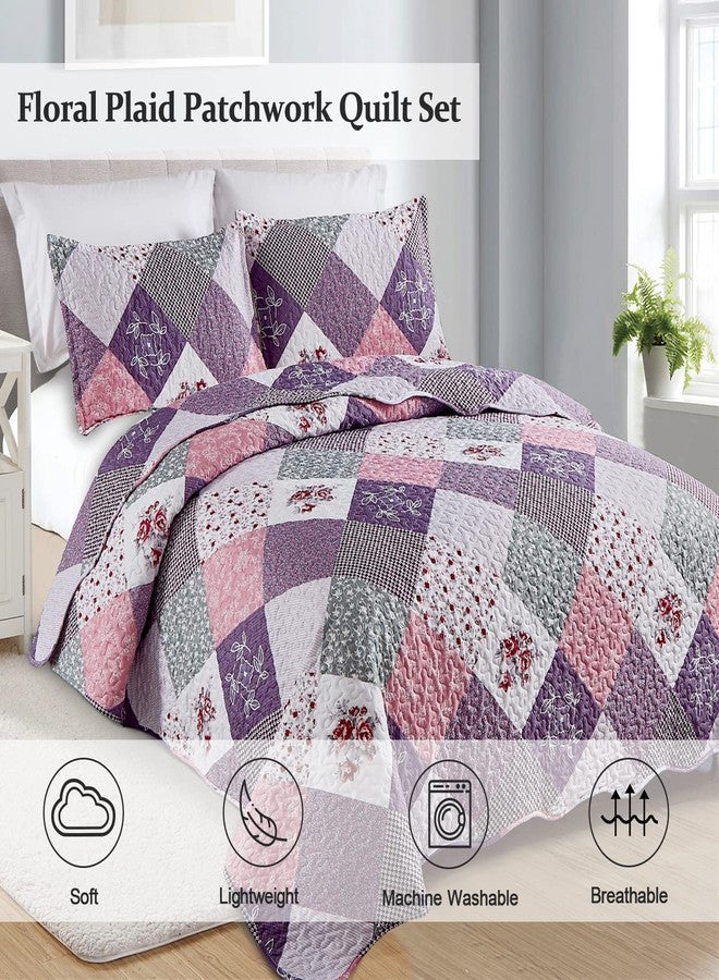 Dinjoy Purple Quilt Set Queen Size, Reversible Floral Plaid Patchwork Pattern Bedding Set Soft Microfiber Lightweight Bedspread Coverlet 3 Piece Spring Summer Use (90x90 inches) - Image 2