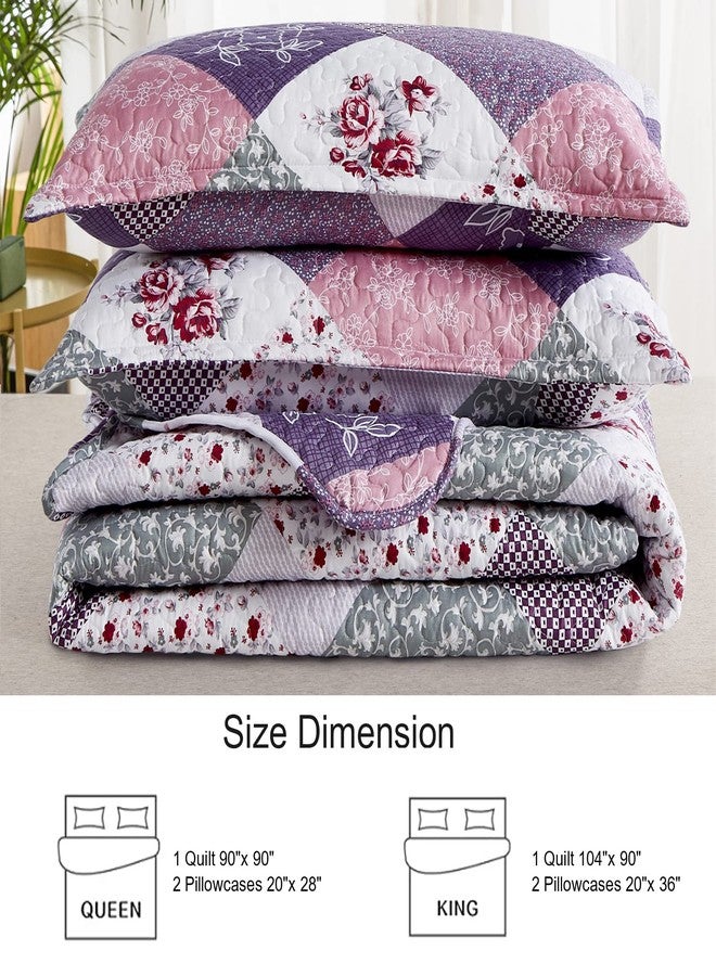 Dinjoy Purple Quilt Set Queen Size, Reversible Floral Plaid Patchwork Pattern Bedding Set Soft Microfiber Lightweight Bedspread Coverlet 3 Piece Spring Summer Use (90x90 inches) - Image 5