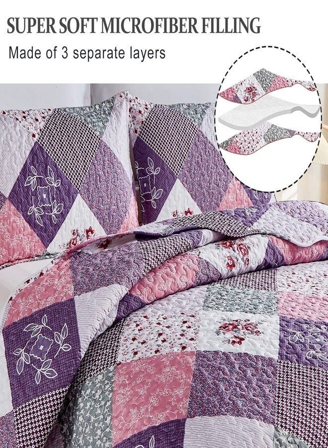 Dinjoy Purple Quilt Set Queen Size, Reversible Floral Plaid Patchwork Pattern Bedding Set Soft Microfiber Lightweight Bedspread Coverlet 3 Piece Spring Summer Use (90x90 inches) - Image 3