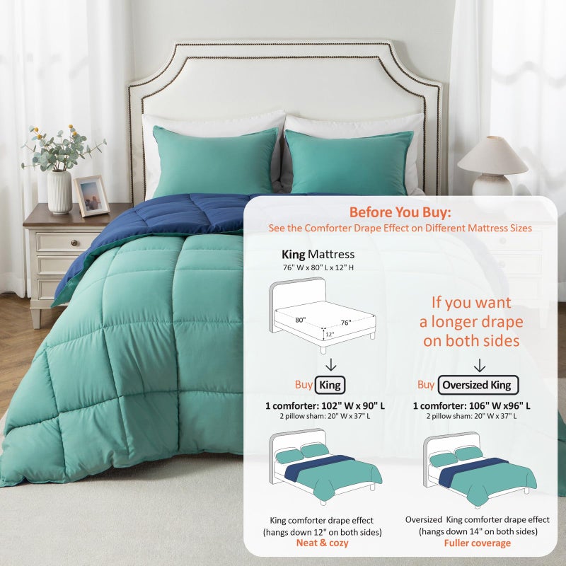 KASENTEX King Comforter Set â€“ Reversible Dual Color â€“ Goose Down Alternative â€“ Ultra-Soft, Lightweight, Machine Washable, Maintain Fluffiness, All Season Warmth (Turquoise Sea Green/Twilight Blue) - Image 3