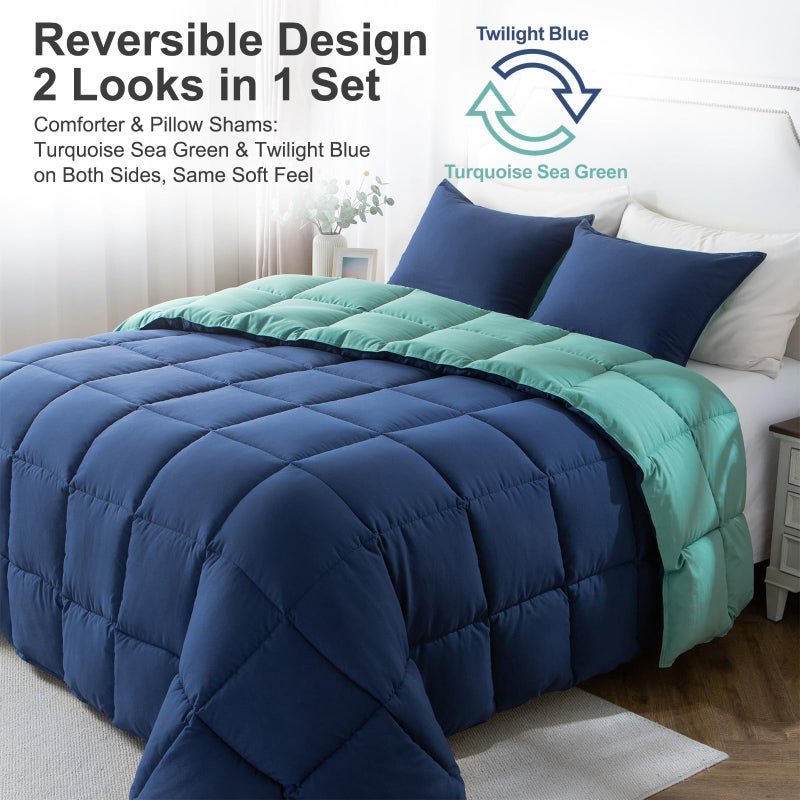 KASENTEX King Comforter Set â€“ Reversible Dual Color â€“ Goose Down Alternative â€“ Ultra-Soft, Lightweight, Machine Washable, Maintain Fluffiness, All Season Warmth (Turquoise Sea Green/Twilight Blue) - Image 2