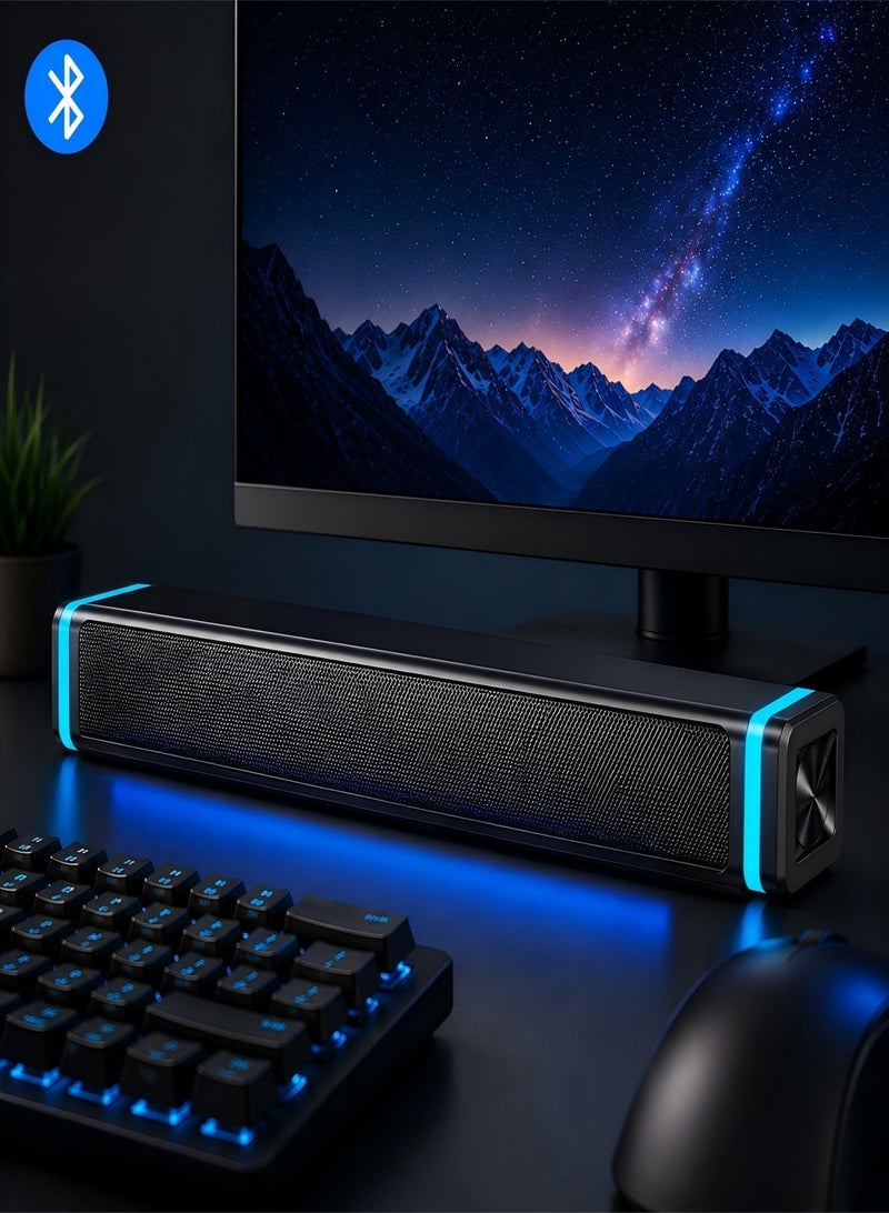 صدى ( Plug & Play)مكبر صوت SADA ساوند بار مطور بتقنية Bluetooth 5.0 للتلفزيون والكمبيوتر واللابتوب، اتصال مزدوج سلكي ولاسلكي عبر USB، إضاءة LED زرقاء جليدية، مشغلات صوت مزدوجة مع جهير قوي، صوت ستيريو محيطي Hi-Fi، مكبر صوت مكتبي فاخر، تجربة سينما منزلية، توصيل وتشغيل فوري - Image 1