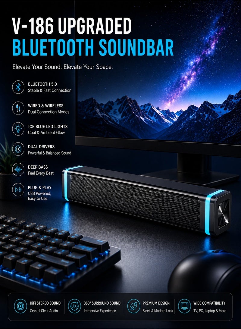 صدى ( Plug & Play)مكبر صوت SADA ساوند بار مطور بتقنية Bluetooth 5.0 للتلفزيون والكمبيوتر واللابتوب، اتصال مزدوج سلكي ولاسلكي عبر USB، إضاءة LED زرقاء جليدية، مشغلات صوت مزدوجة مع جهير قوي، صوت ستيريو محيطي Hi-Fi، مكبر صوت مكتبي فاخر، تجربة سينما منزلية، توصيل وتشغيل فوري - Image 2