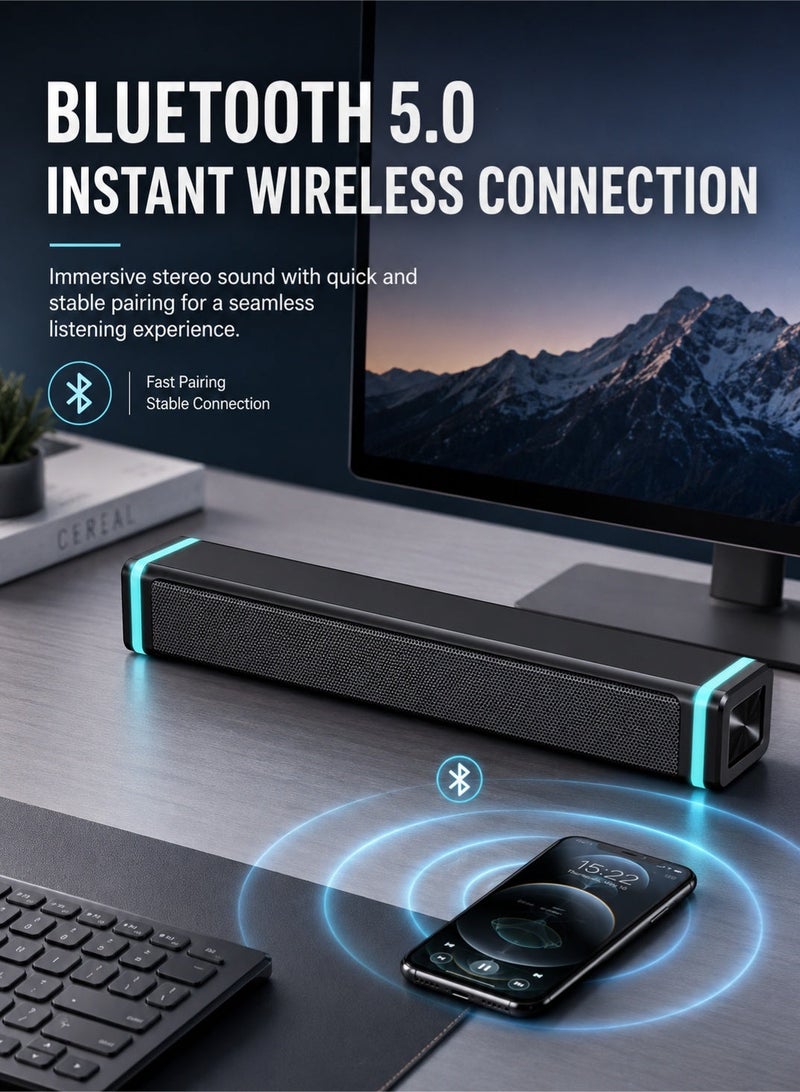 صدى ( Plug & Play)مكبر صوت SADA ساوند بار مطور بتقنية Bluetooth 5.0 للتلفزيون والكمبيوتر واللابتوب، اتصال مزدوج سلكي ولاسلكي عبر USB، إضاءة LED زرقاء جليدية، مشغلات صوت مزدوجة مع جهير قوي، صوت ستيريو محيطي Hi-Fi، مكبر صوت مكتبي فاخر، تجربة سينما منزلية، توصيل وتشغيل فوري - Image 4