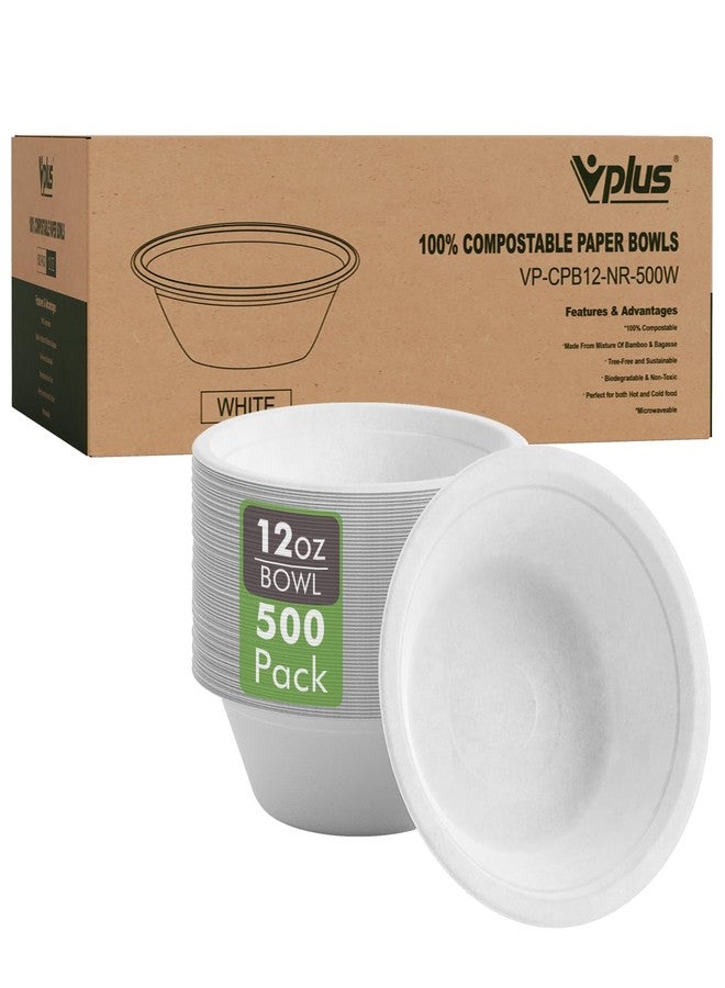 Vplus 500 Pack 12 OZ Paper Bowls Bulk, Disposable Compostable, Eco-friendly Bagasse, Heavy-duty Bowls Perfect for Milk Cereals, Snacks, Salads - Image 1