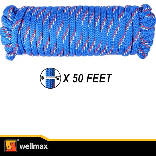 Wellmax Diamond Braid Nylon Rope - 3/8 Inch by 50 Feet Blue Color - Extra Strength, Sunlight and Weather Resistant - Heavy Duty Construction - Image 3
