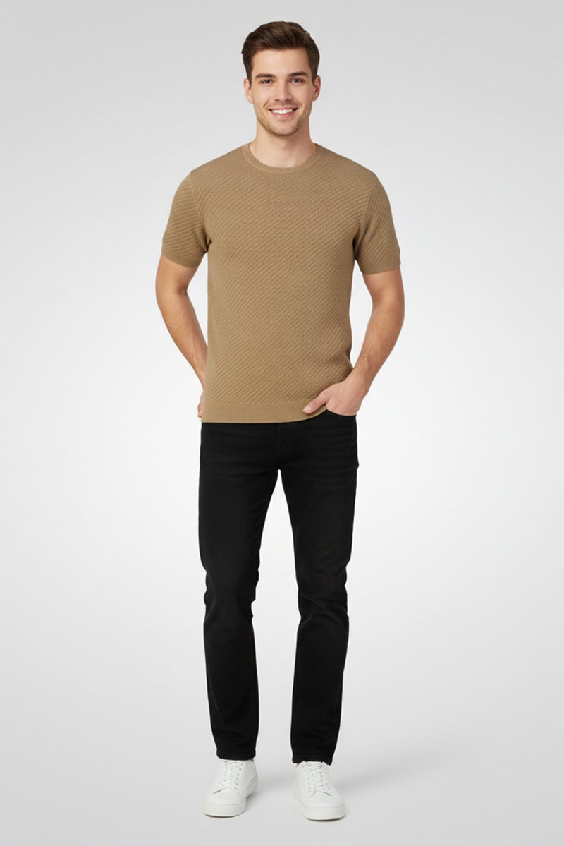 Threadbare Men Crew Neck Short Sleeve Knitted T-Shirt, Tan - Image 1