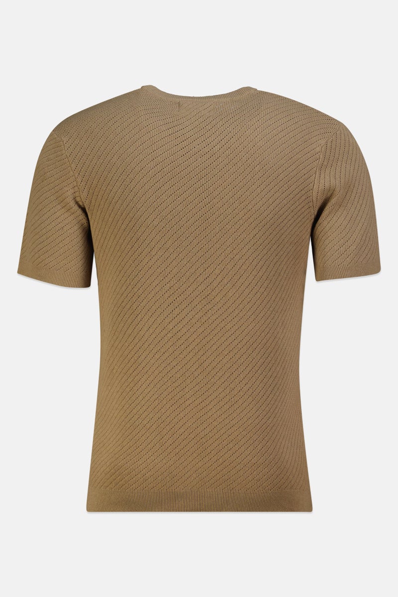 Threadbare Men Crew Neck Short Sleeve Knitted T-Shirt, Tan - Image 3