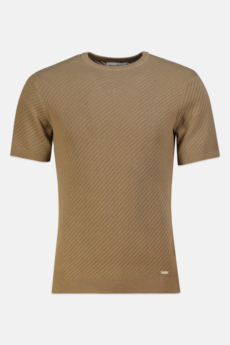 Threadbare Men Crew Neck Short Sleeve Knitted T-Shirt, Tan - Image 2
