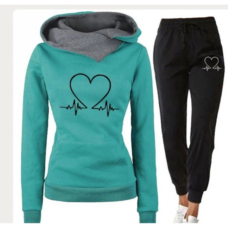 Womens Casual Printed Hoodie Sweatshirt Set Green  - Image 1