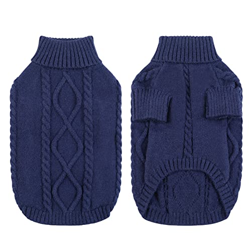 Queenmore Small Dog Pullover Sweater, Cold Weather Cable Knitwear, Classic Turtleneck Thick Warm Clothes for Chihuahua, Bulldog, Dachshund, Pug (Dark Navy, Medium) - Image 4