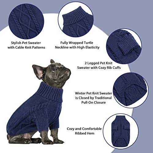 Queenmore Small Dog Pullover Sweater, Cold Weather Cable Knitwear, Classic Turtleneck Thick Warm Clothes for Chihuahua, Bulldog, Dachshund, Pug (Dark Navy, Medium) - Image 3