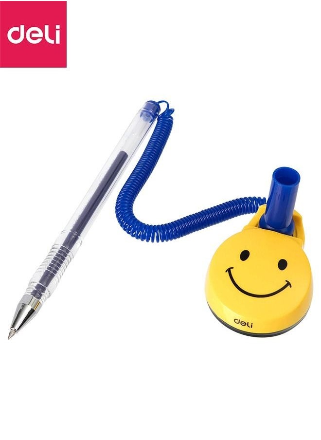 Deli - Desk Smiley Face Stand Spring Bullet Tip Pen, Portable Secure Pen with Adhesive Chain Desktop,  Easy to Attach Secure Writing Tool - Image 1