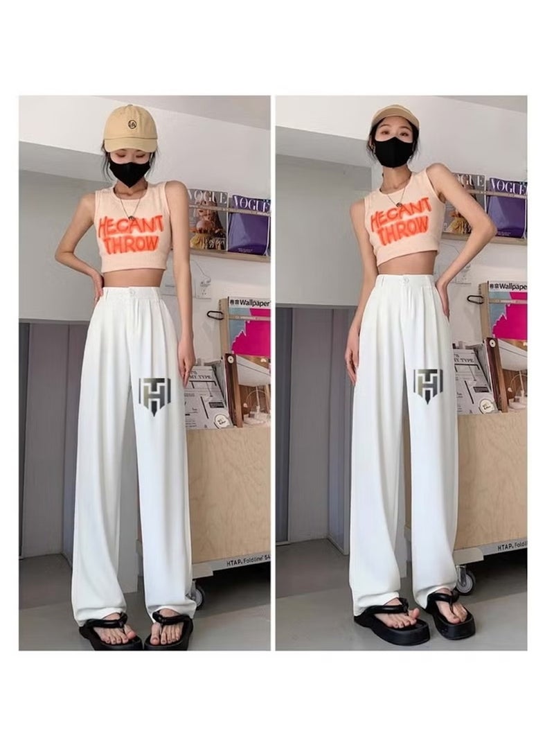 Huitich Women's Ice Silk Wide-Leg Pants High Waist, Loose Fit, White Size M - Image 3