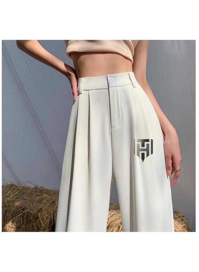 Huitich Women's Ice Silk Wide-Leg Pants High Waist, Loose Fit, White Size M - Image 2