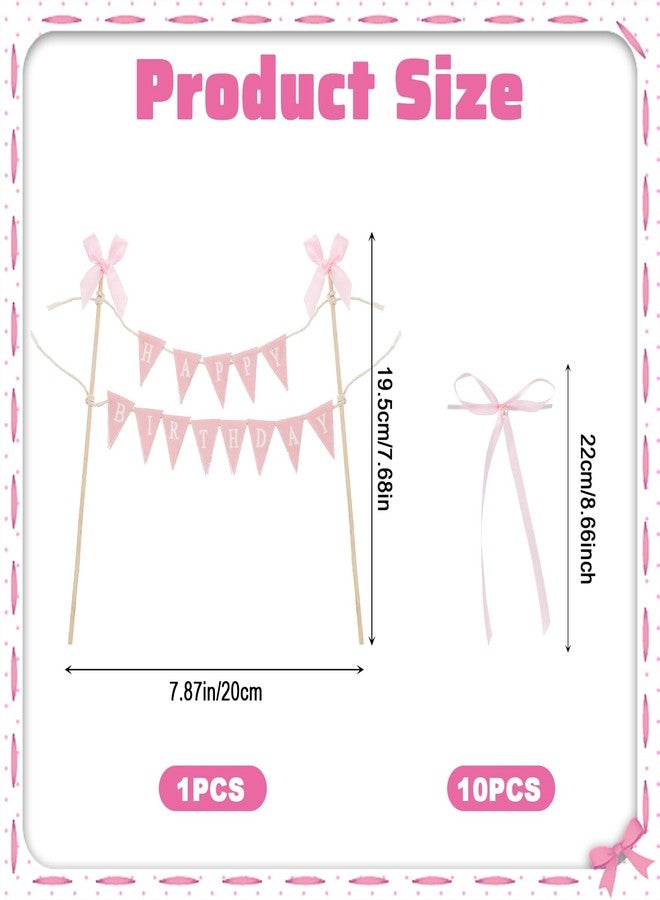 Shimmeroo 11PCS Bow Cake Topper, Pink Happy Birthday Pennant Flags Banner Topper Cute Bow Ribbon Cake Toppers, Princess Birthday Decorations for Women Girl Donut Cakes Cupcakes - Image 2