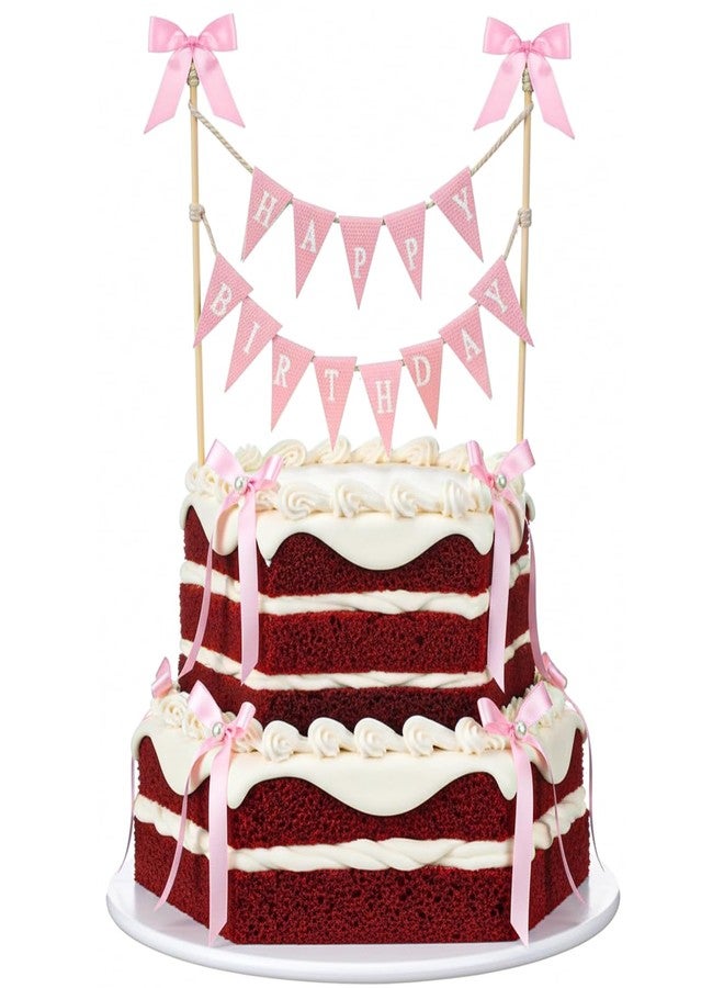 Shimmeroo 11PCS Bow Cake Topper, Pink Happy Birthday Pennant Flags Banner Topper Cute Bow Ribbon Cake Toppers, Princess Birthday Decorations for Women Girl Donut Cakes Cupcakes - Image 1
