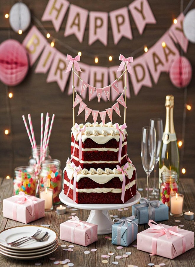 Shimmeroo 11PCS Bow Cake Topper, Pink Happy Birthday Pennant Flags Banner Topper Cute Bow Ribbon Cake Toppers, Princess Birthday Decorations for Women Girl Donut Cakes Cupcakes - Image 3