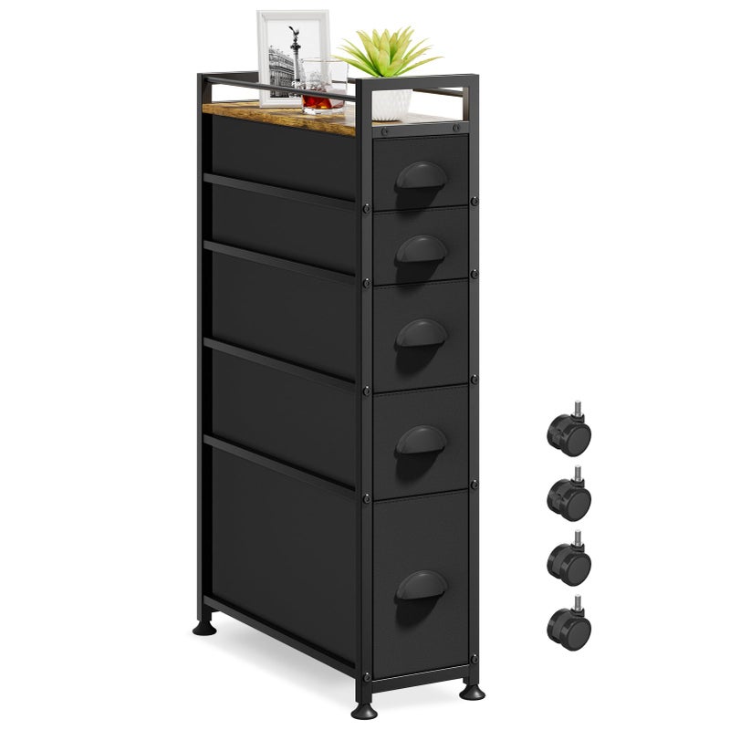 LASZOLA 5 Drawer Narrow Dresser Slim Cabinet Skinny Storage Tower Chest, Ideal for Small Spaces Bathroom Bedroom, Between Washer and Dryer, Lightweight Mobile on Wheels, Sturdy Fabric Drawers, Black - Image 1