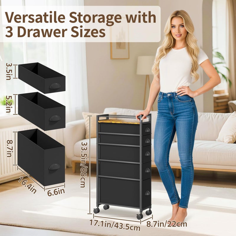 LASZOLA 5 Drawer Narrow Dresser Slim Cabinet Skinny Storage Tower Chest, Ideal for Small Spaces Bathroom Bedroom, Between Washer and Dryer, Lightweight Mobile on Wheels, Sturdy Fabric Drawers, Black - Image 3