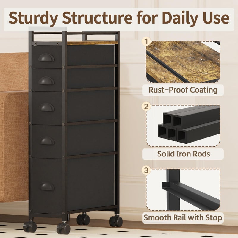 LASZOLA 5 Drawer Narrow Dresser Slim Cabinet Skinny Storage Tower Chest, Ideal for Small Spaces Bathroom Bedroom, Between Washer and Dryer, Lightweight Mobile on Wheels, Sturdy Fabric Drawers, Black - Image 5