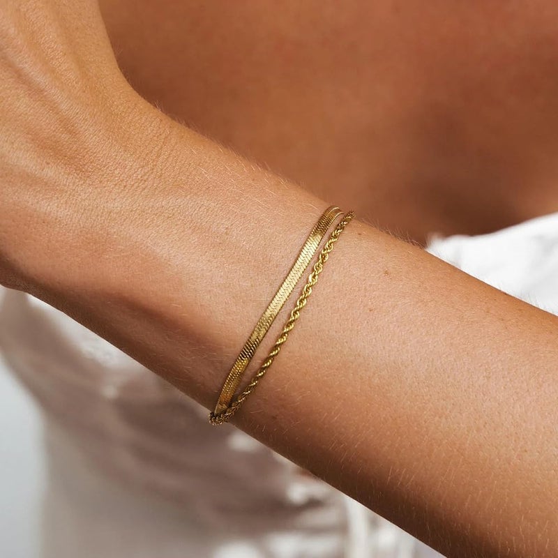 Khazna 14K Gold Plated Cuff Bracelet Set for Women, Dainty Stackable Design, Adjustable Open Bangle Jewelry - Image 2