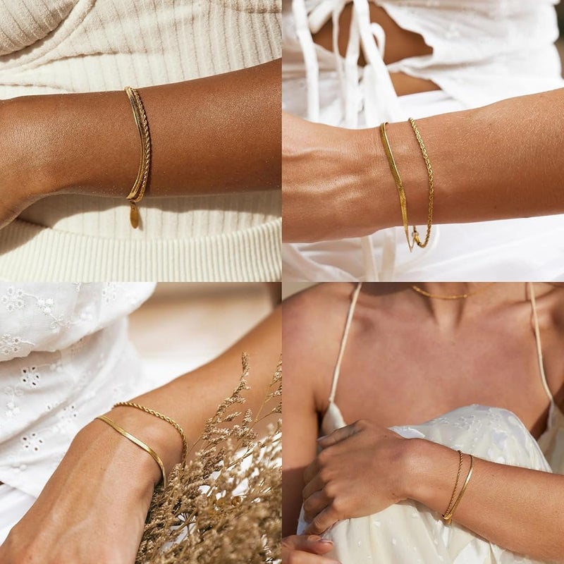Khazna 14K Gold Plated Cuff Bracelet Set for Women, Dainty Stackable Design, Adjustable Open Bangle Jewelry - Image 4