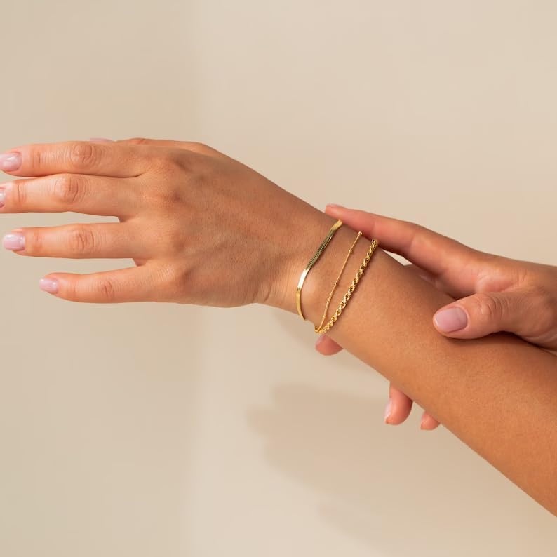 Khazna 14K Gold Plated Cuff Bracelet Set for Women, Dainty Stackable Design, Adjustable Open Bangle Jewelry - Image 3